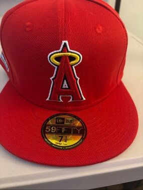 New Era Red Los Angeles Angels Fitted Hat with Yellow Halo Logo7 1/4